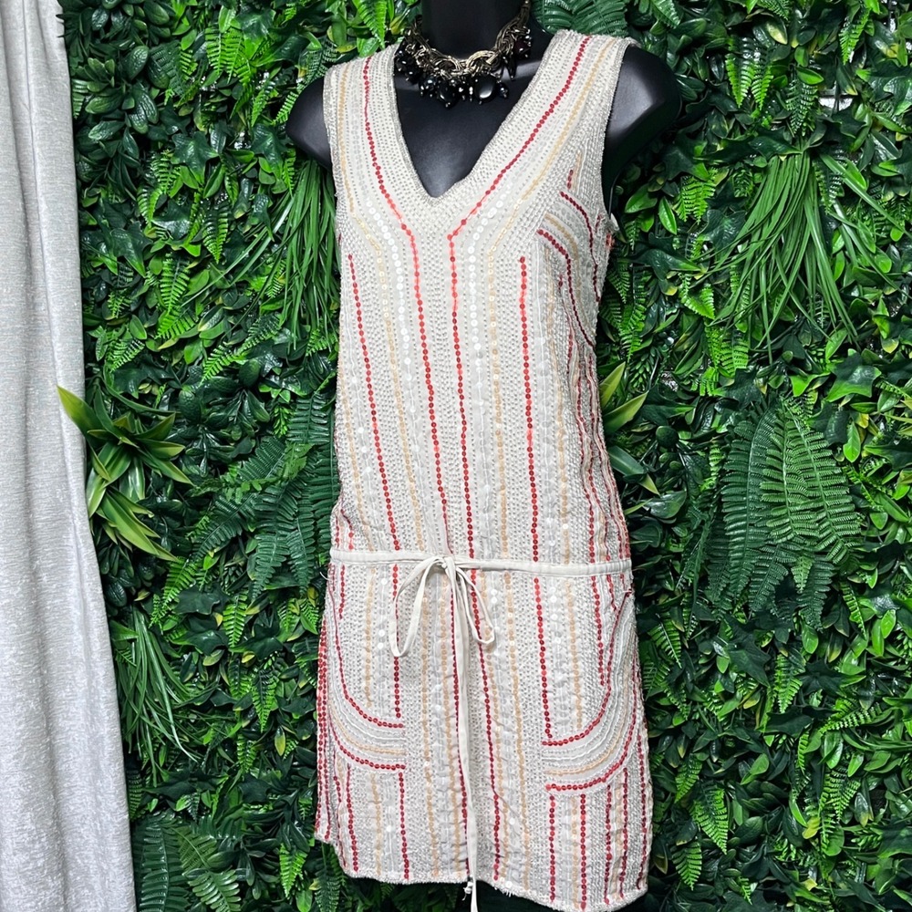 Megan Dress XS Beige Sequin Embellished V Neck Tie Waist Cocktail 3308